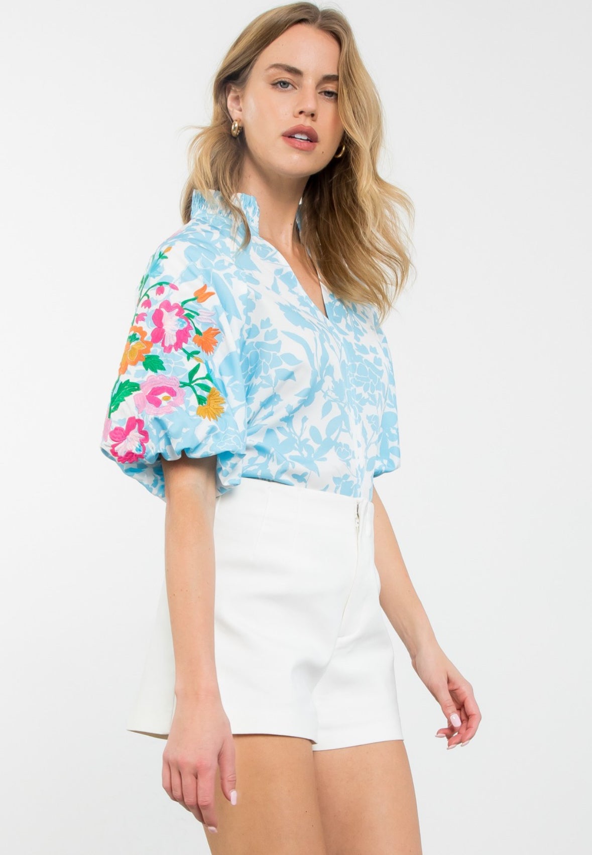 Light Blue Embroidered Puff Sleeve Top