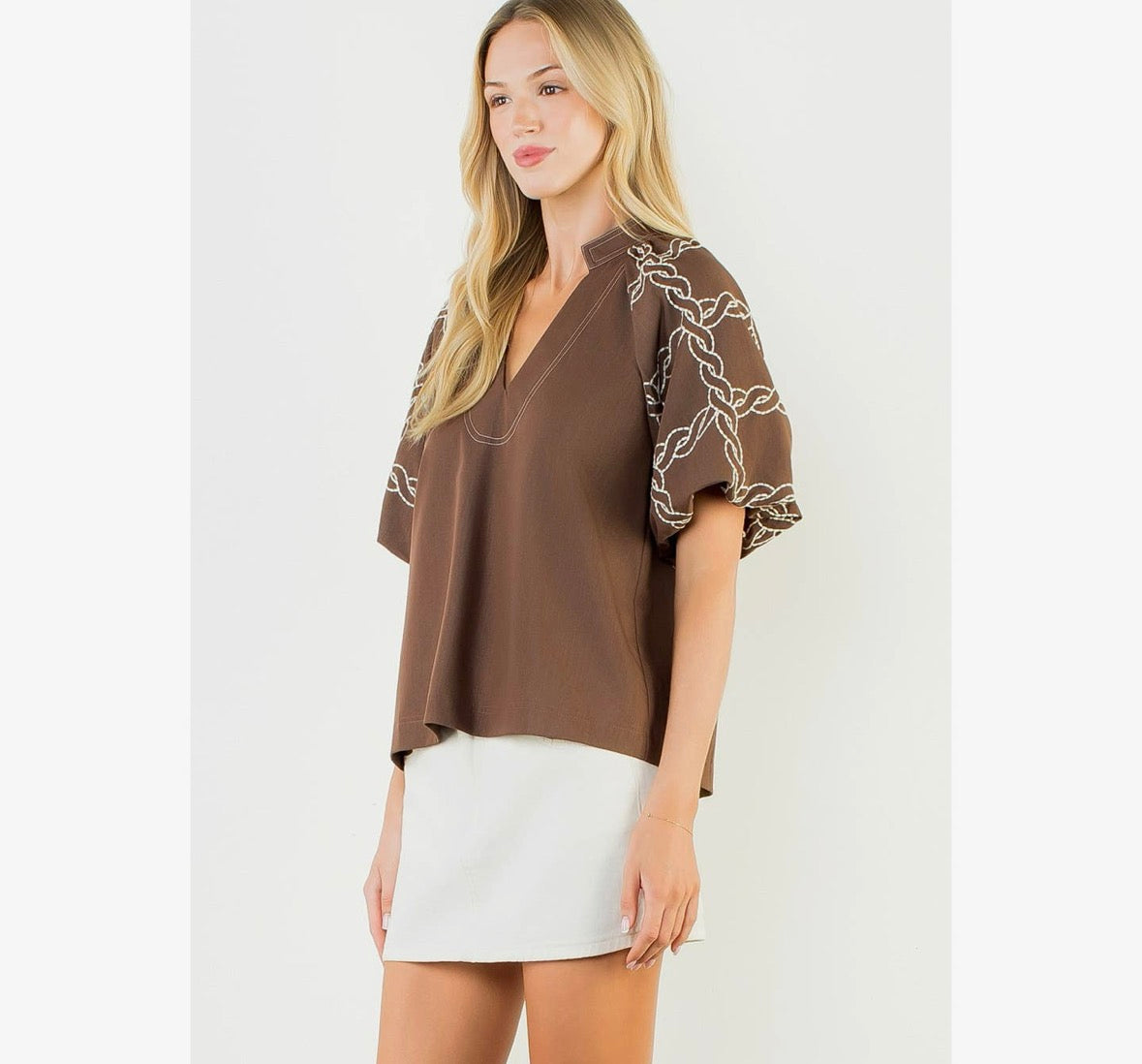 Brown Embroidered Puff Sleeve Blouse