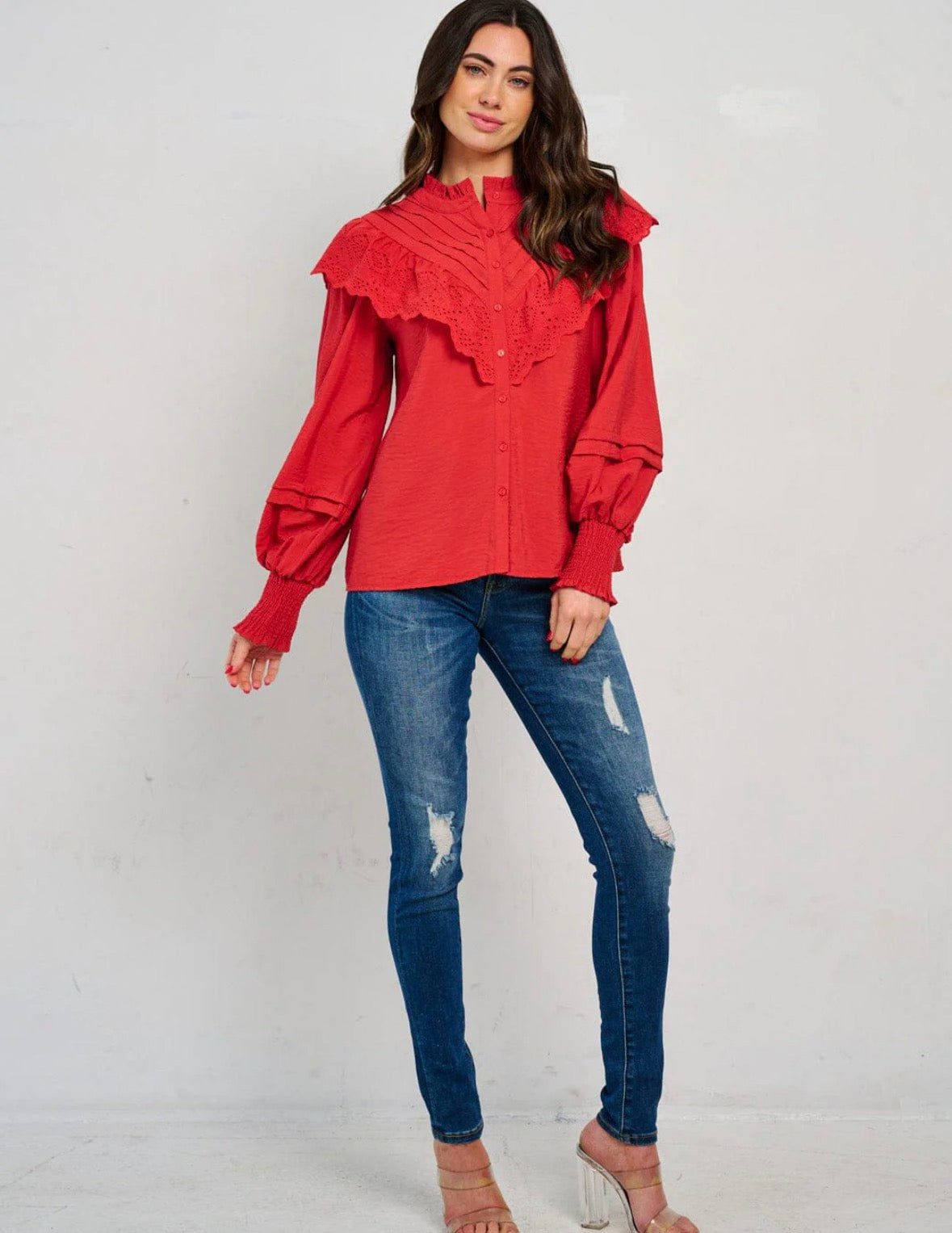 Radiant Red Eyelet Detail Top