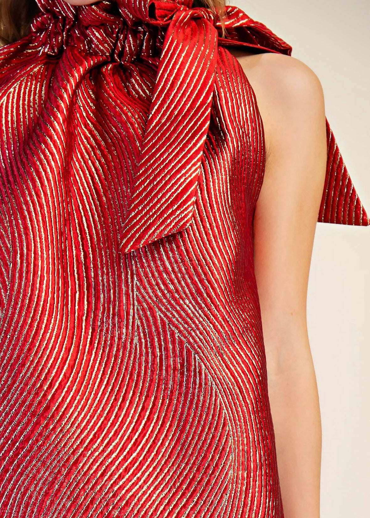 Burgundy Ruffle Neck Tie Jacquard Dress