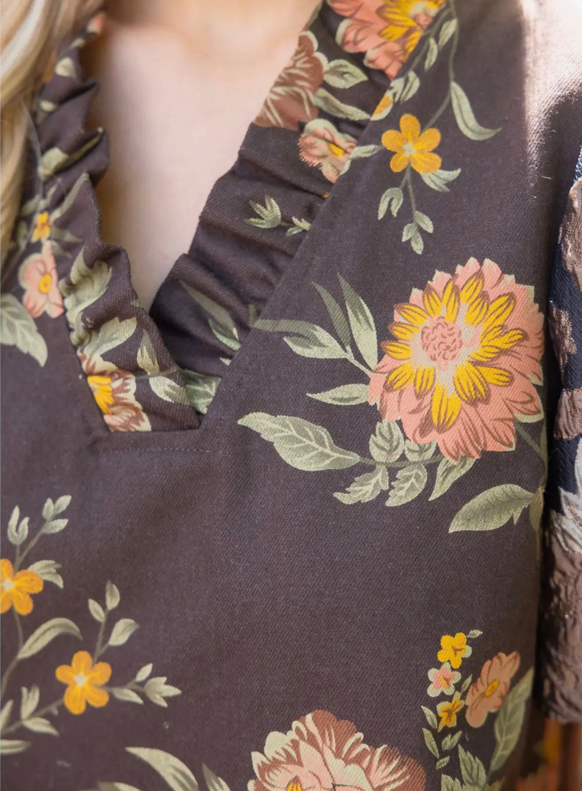 Mixed Media Brown Bubble Sleeve Dress