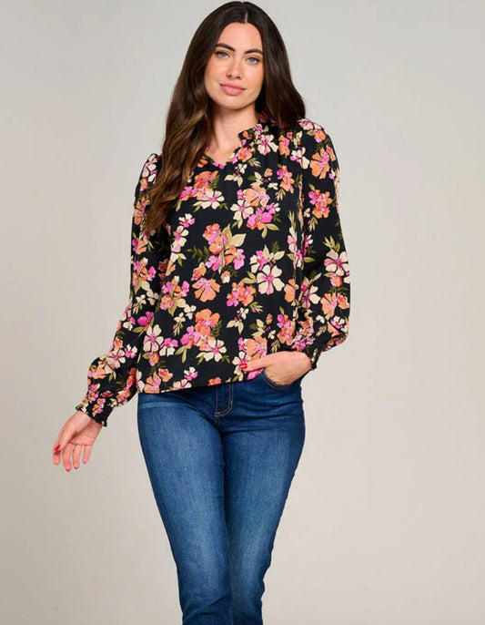 Black Floral Contrast Blouss