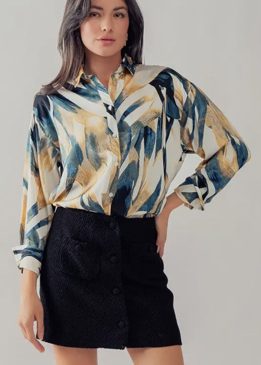 Gold & Blue Abstract Print Blouse