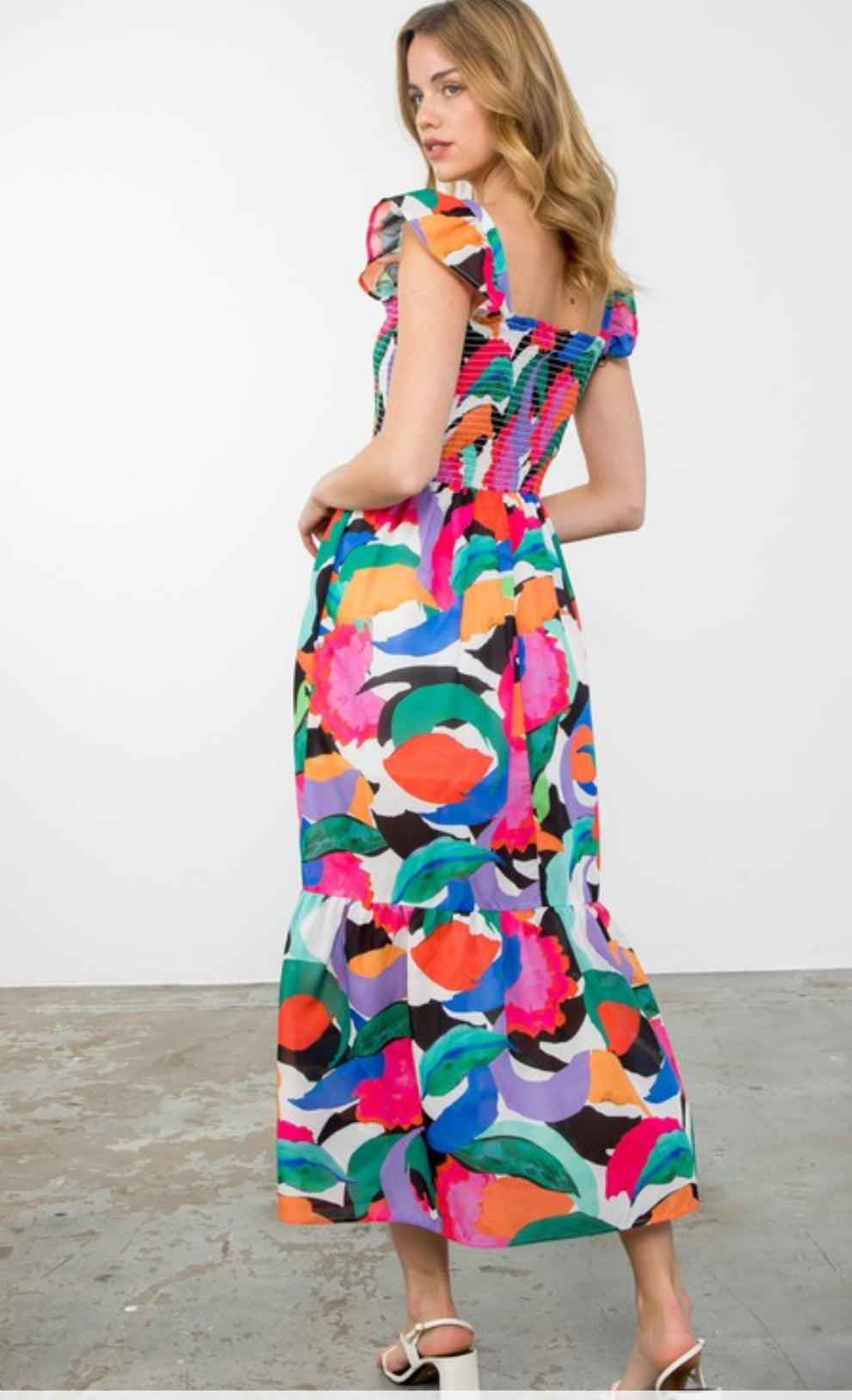 Smocked Colorful Printed Maxi Dress