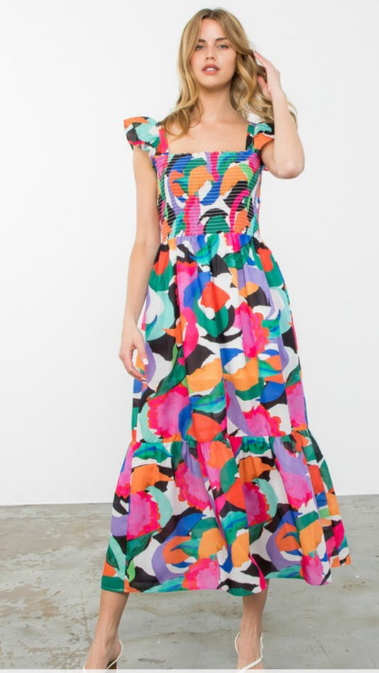 Smocked Colorful Printed Maxi Dress