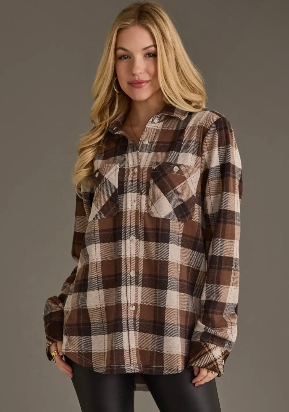 Brown Mix Plaid Button Up