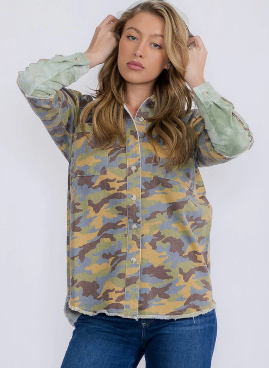 Camo Hooded Button Up