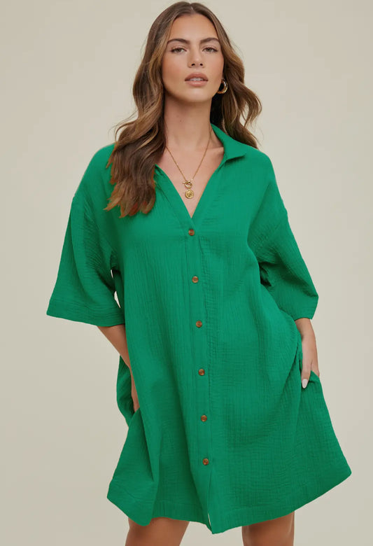 Green Gauze Button Up Dress