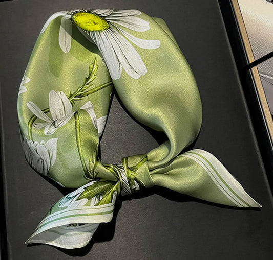 Green Satin Floral Scarf