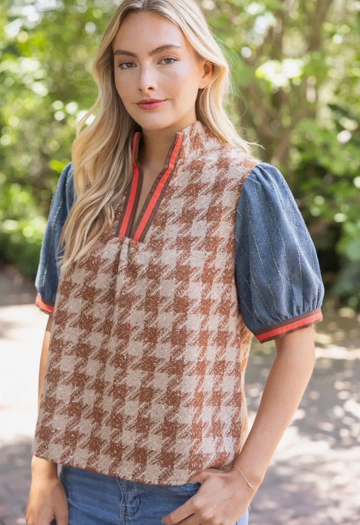 Denim & Houndstooth Tweed Top