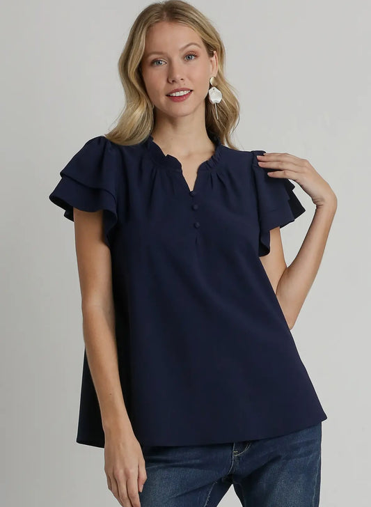 Navy Faux Ruffle Button Top