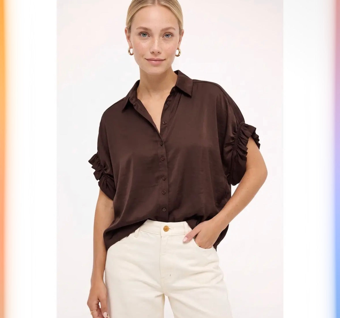 Ruched Sleeve Button Blouse
