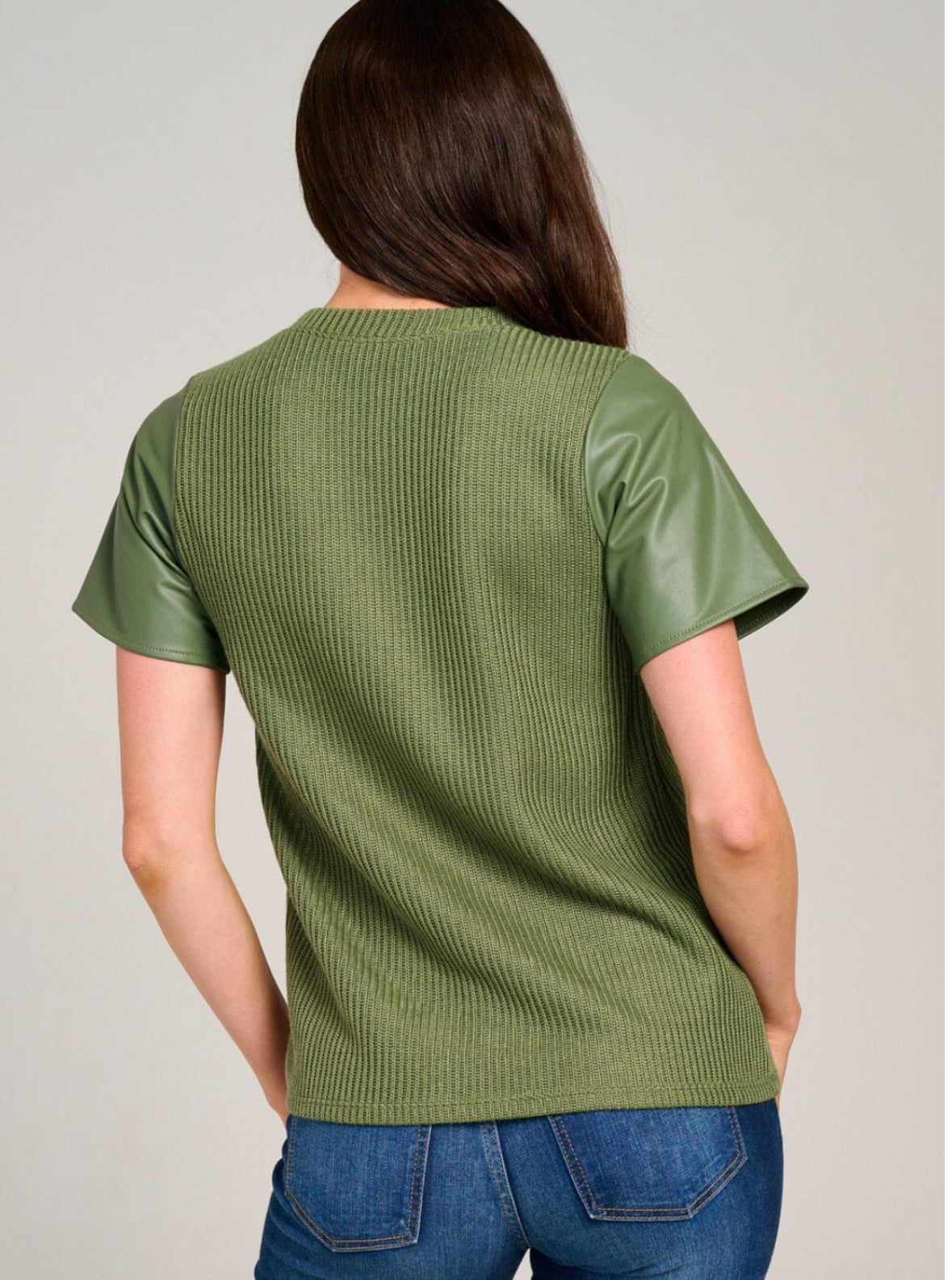 Olive Leather Sleeve Knit Top