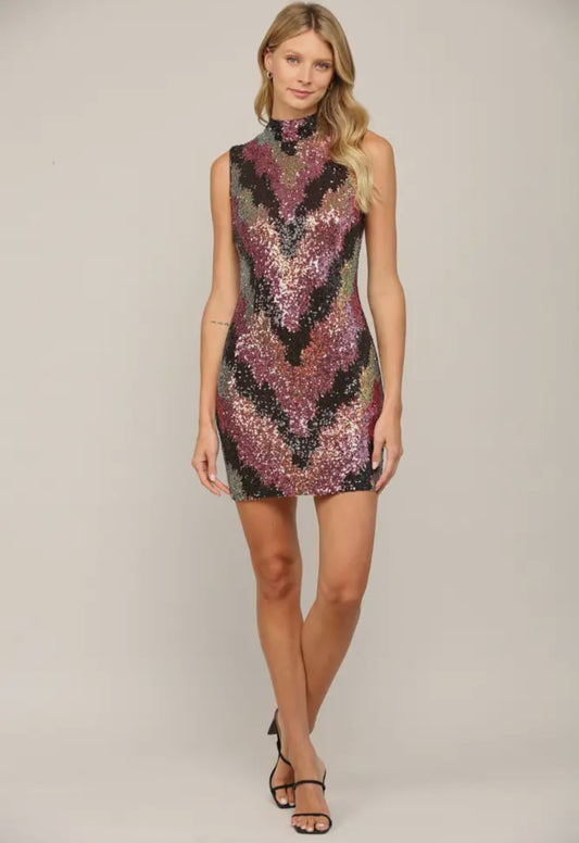 Mock Neck Sleeveless Sequin Dress