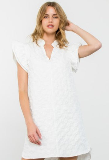 White Ruffle Sleeve Textured Dress