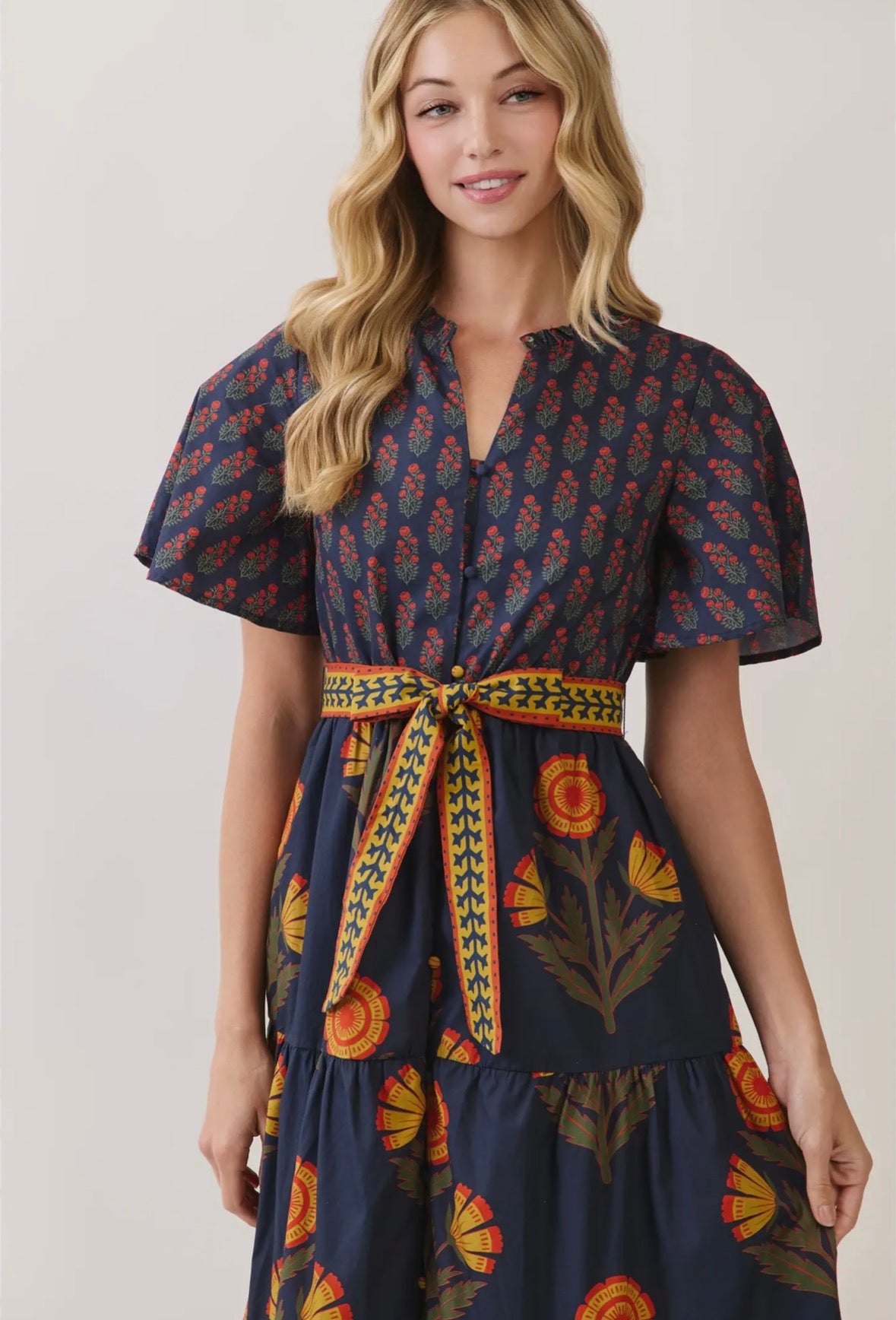 Navy Floral Print Tiered Midi Dress