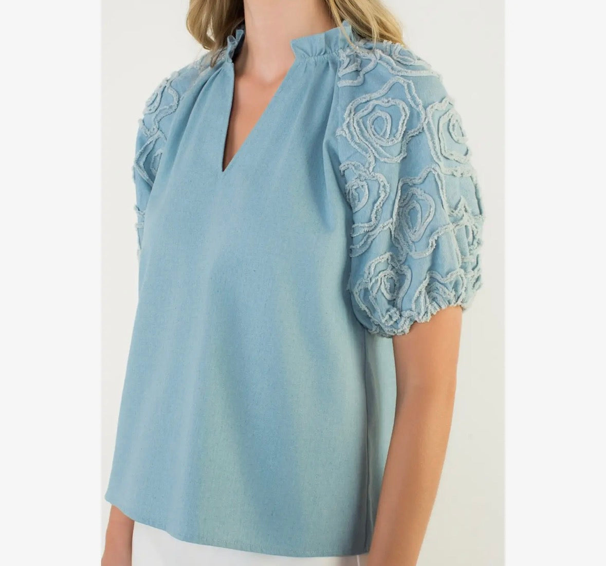 Floral Appliqué Denim Puff Sleeve Top