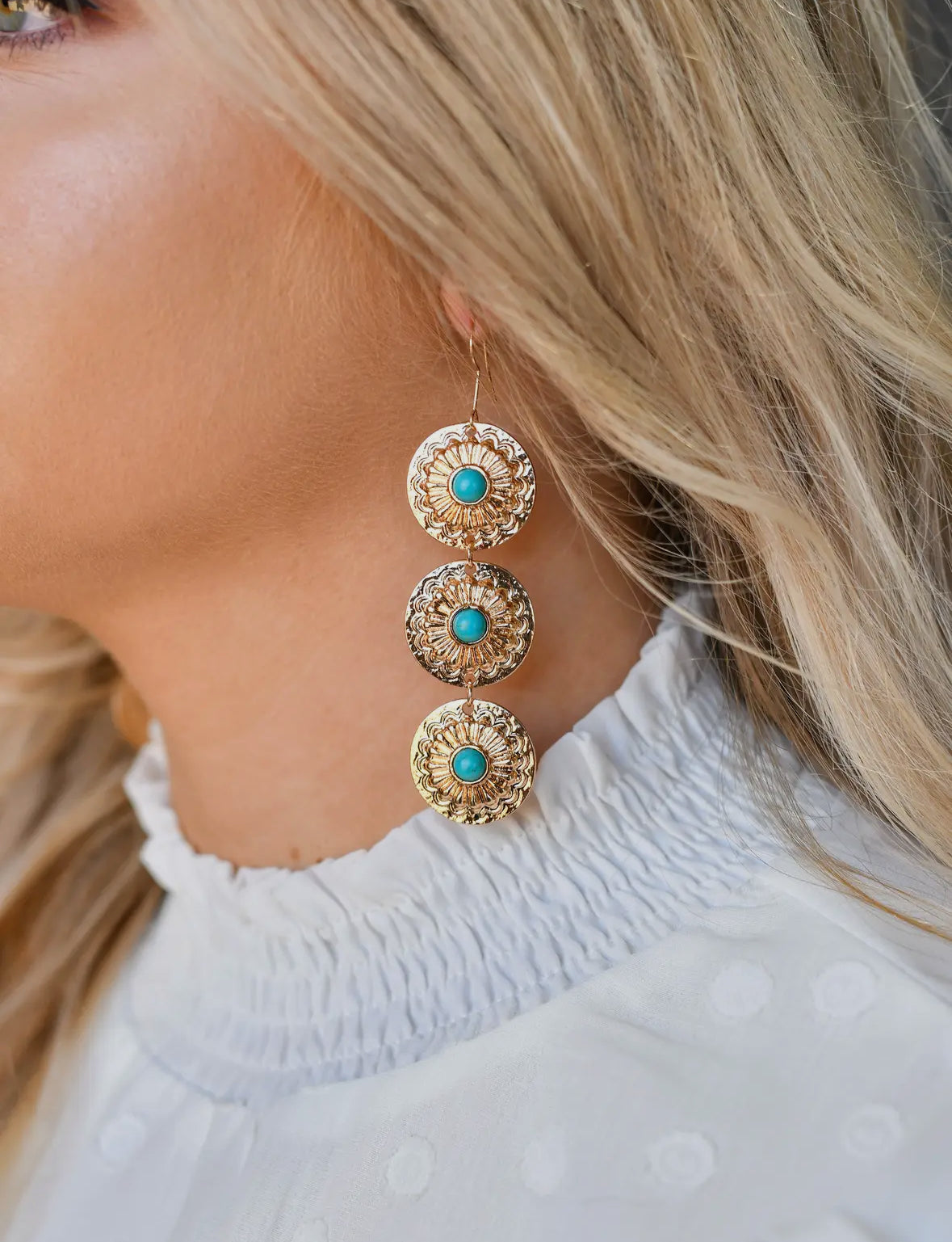 Gold & Turquoise 3 Tier Concho Earring