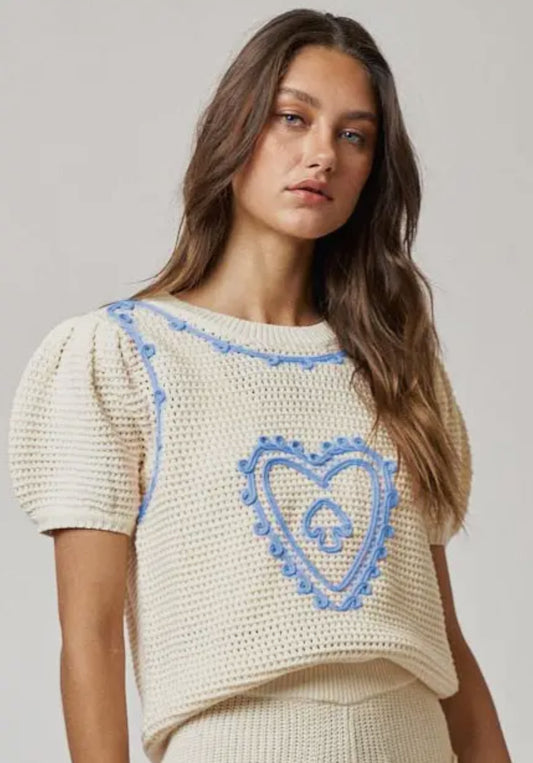 Cream + Blue Embroidered Top
