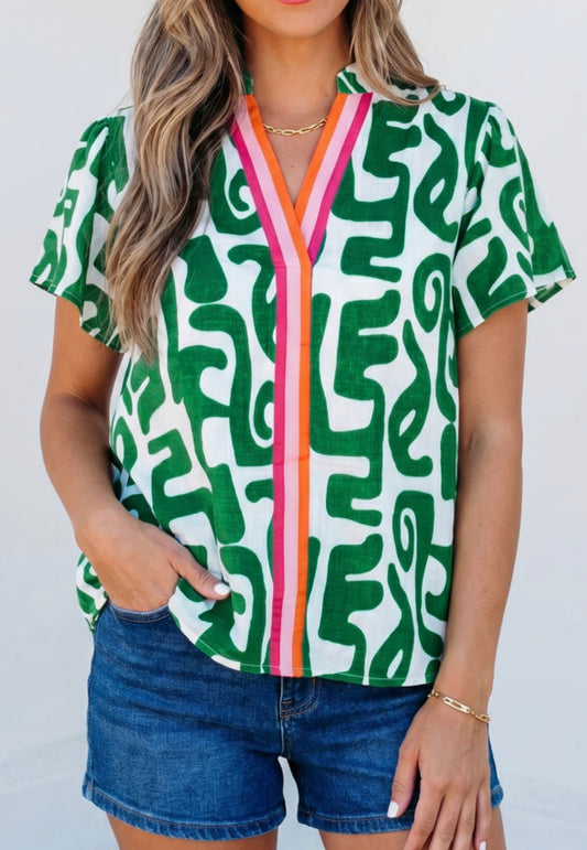 Green & White Statement Trim Top