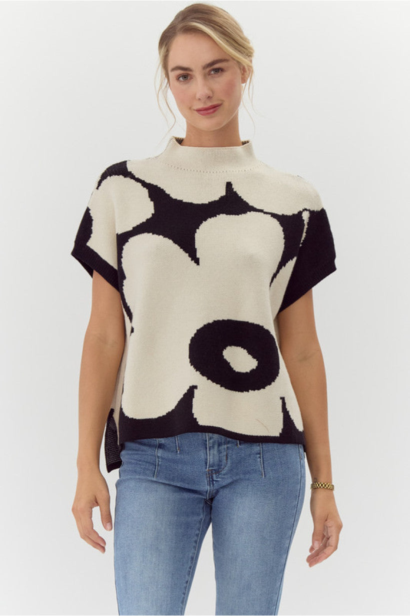 Short Sleeve Floral Mock Neck Sweater