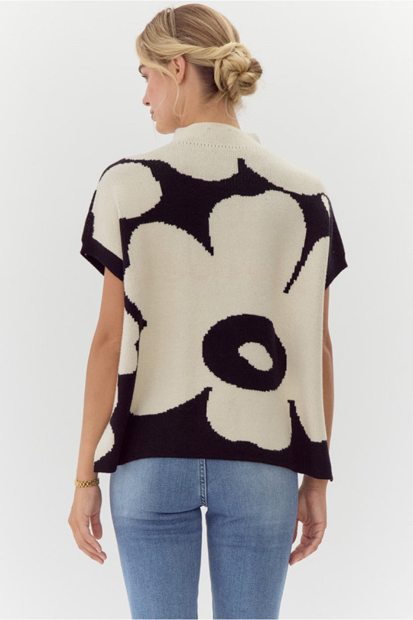 Short Sleeve Floral Mock Neck Sweater
