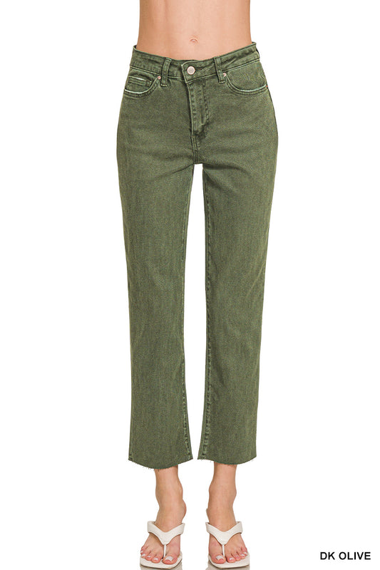 Dark Olive Cropped Straight Pants