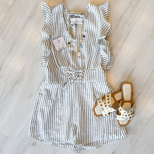 Stripped Drawstring Ruffle Romper