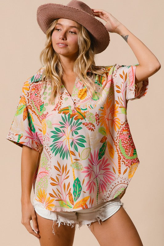 Mixed Leaf Collared Blouse