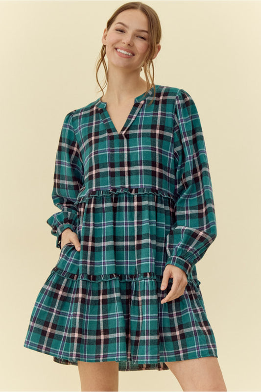 Green Plaid Tiered Dress