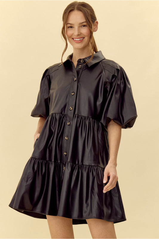 Black Faux Leather Baby Doll Dress