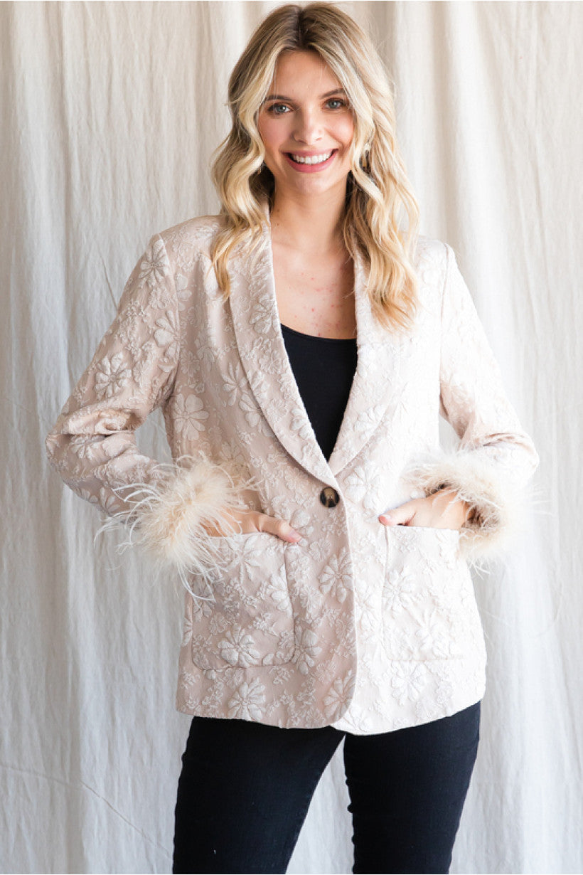 Textured Embroidered Fur Trim Blazer