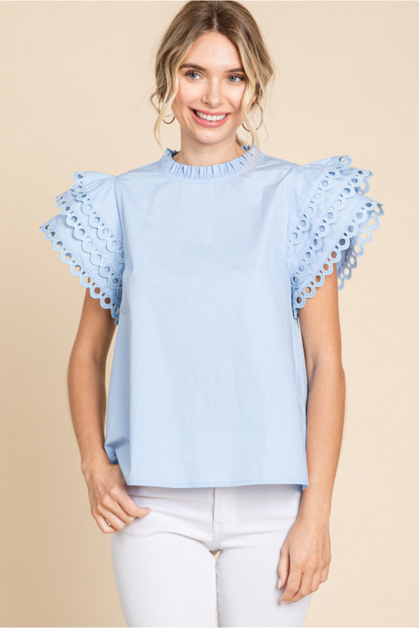 Eyelet Flutter Sleeve Solid Top