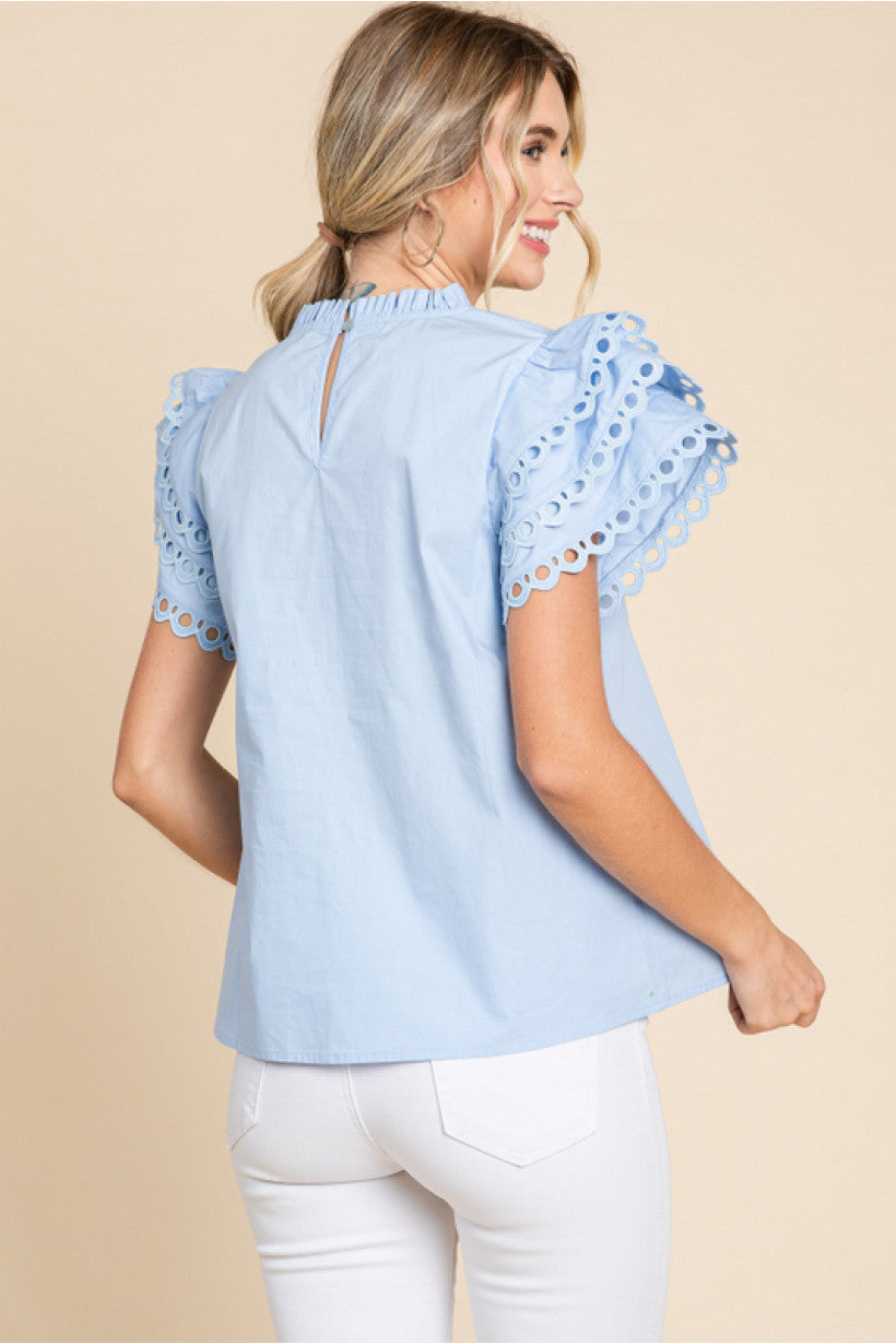 Eyelet Flutter Sleeve Solid Top
