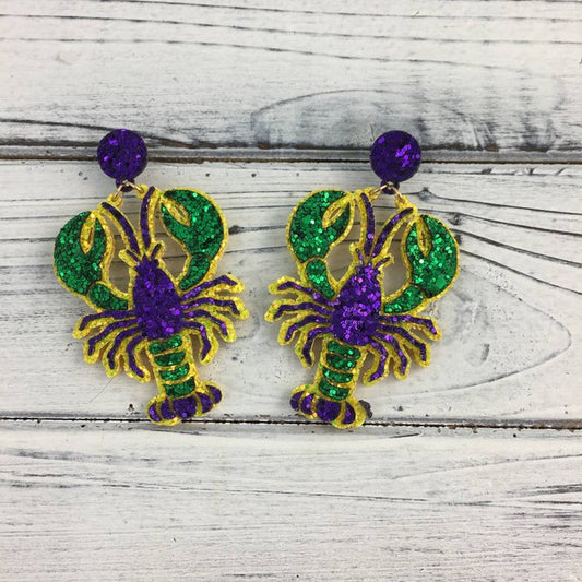 Mardi Gras Glitter Crawfish Earrings