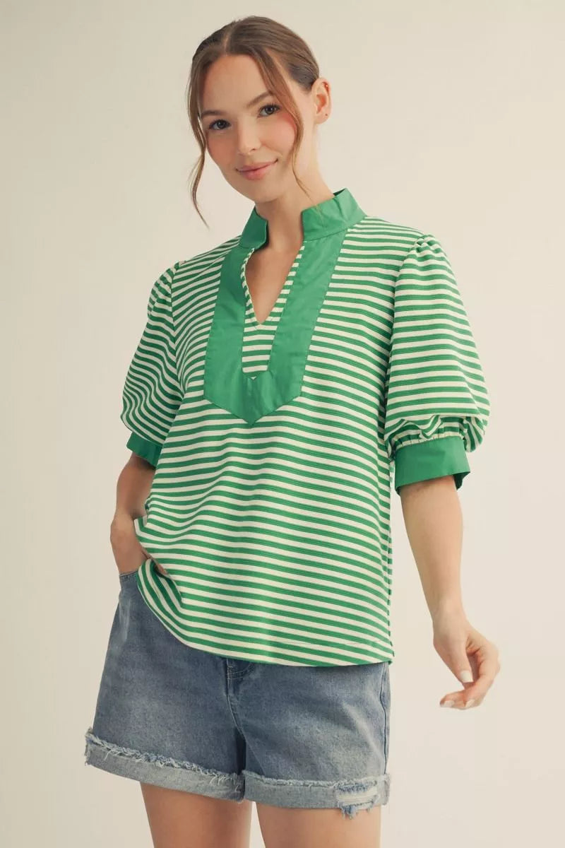 Kelly Green Striped Pleated Back Top