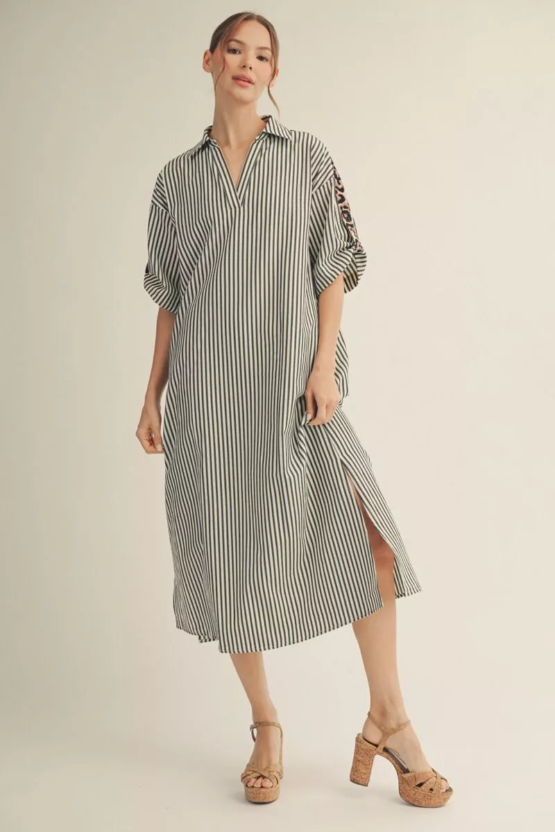 Striped Leopard Contrast Sleeve Midi Dress