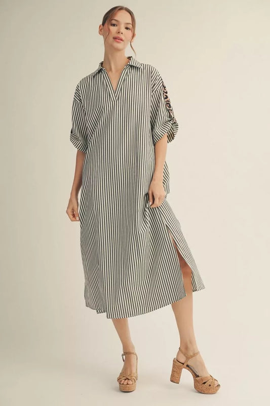 Striped Leopard Contrast Sleeve Midi Dress