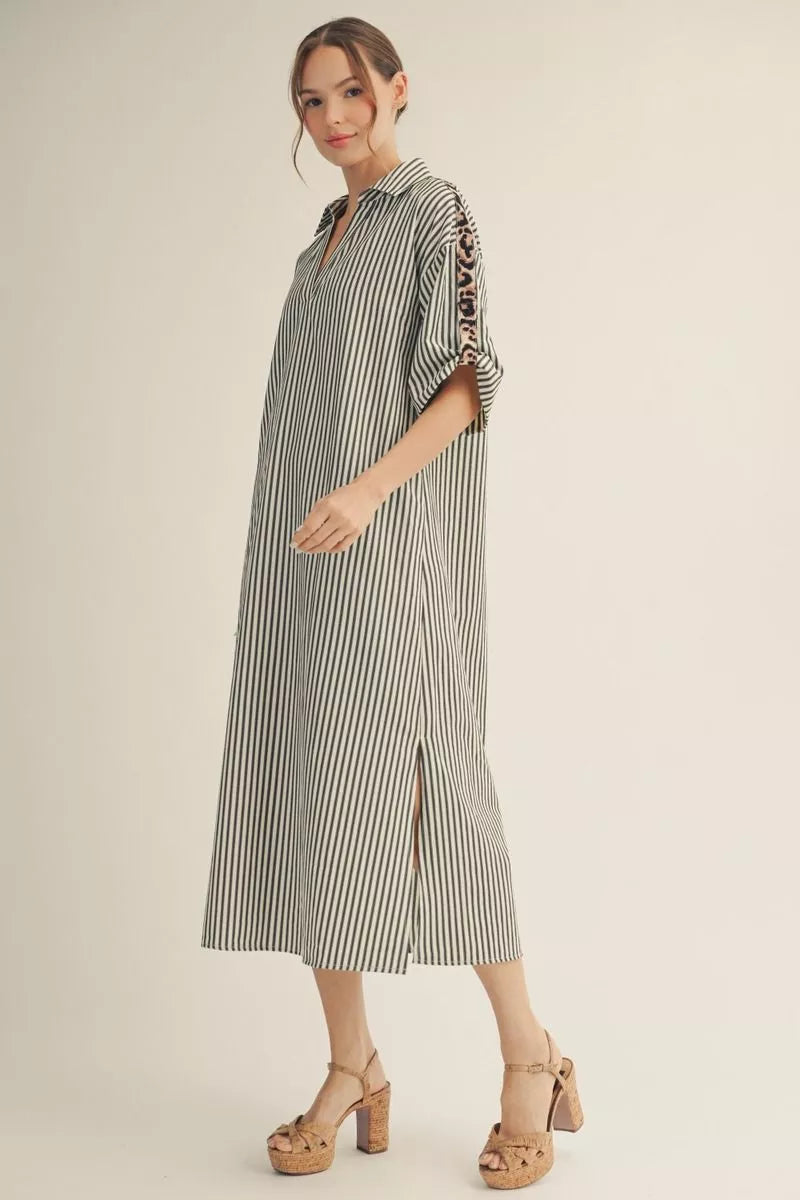 Striped Leopard Contrast Sleeve Midi Dress
