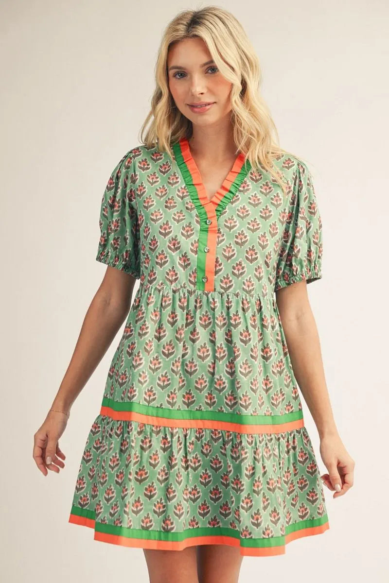 Tiered Orange & Green Floral Dress