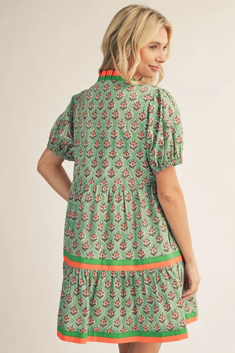Tiered Orange & Green Floral Dress