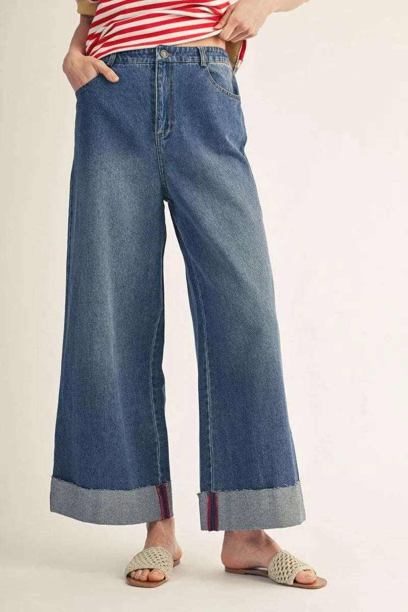 Elastic Waist Wide Cuffed Jeans