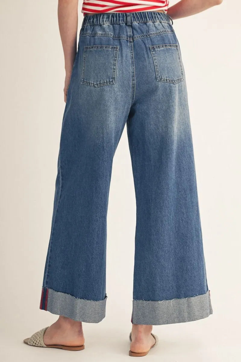 Elastic Waist Wide Cuffed Jeans