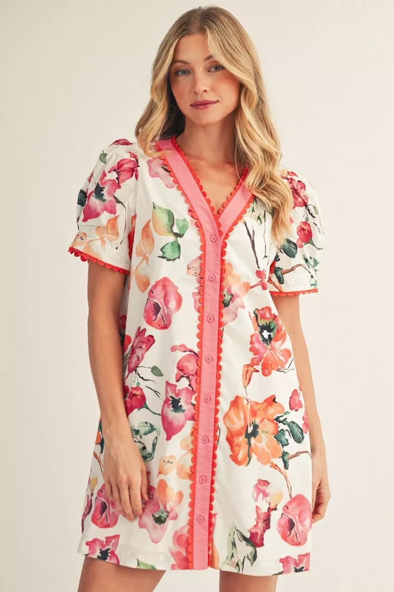 Button Down Floral Scallop Trim Dress