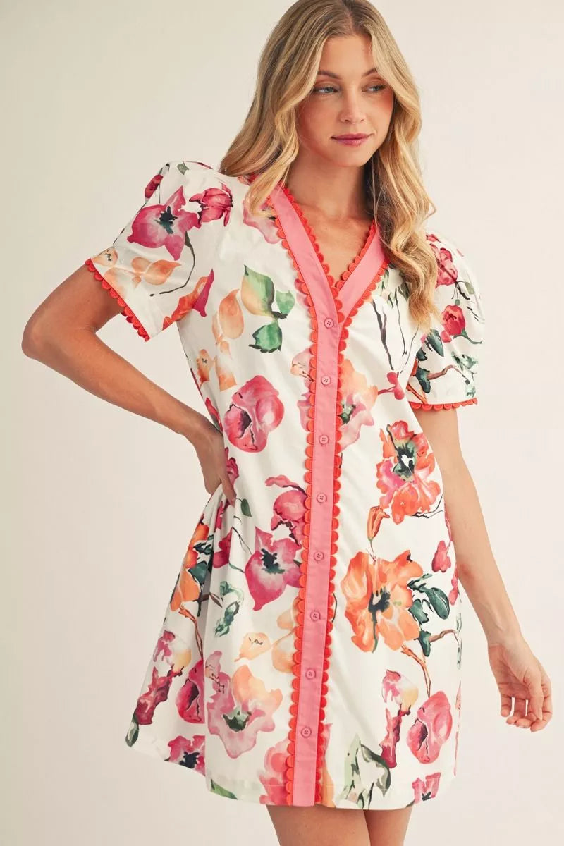 Button Down Floral Scallop Trim Dress