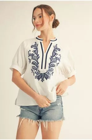 White & Royal Embroidered Top