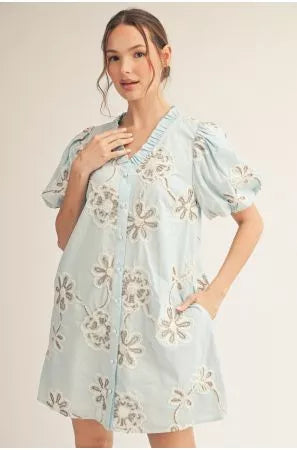 Baby Blue Button & Detailed Dress