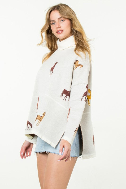 Turtleneck Horse Print Sweater