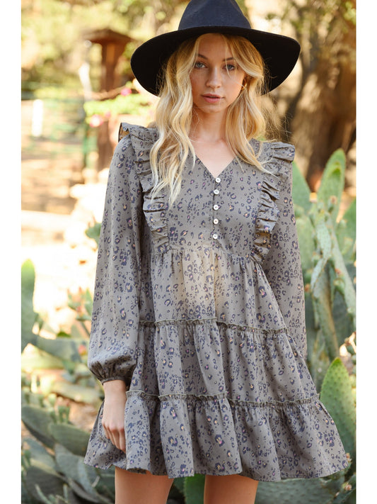 Olive Printed Dress with Ruffle Touches