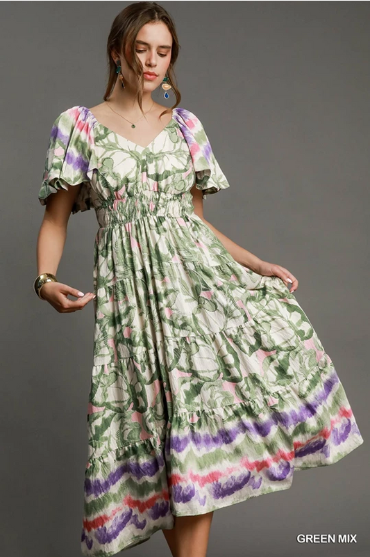 Bohemian Smocked Waist Midi Dress